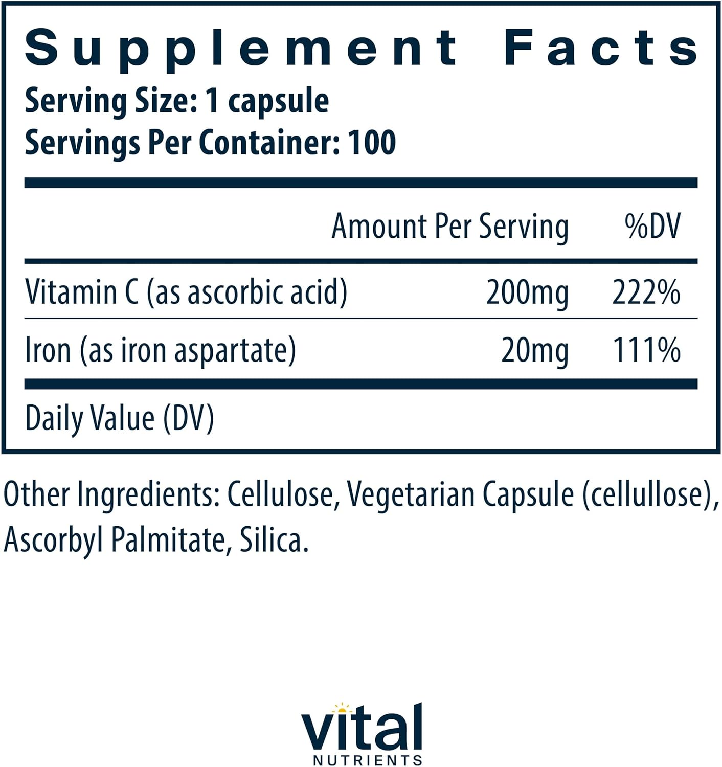 Iron Plus C Supplement | 20mg Iron & 200mg Vitamin C | Boost Iron & Energy | Vegan & Non-GMO | 100 Capsules