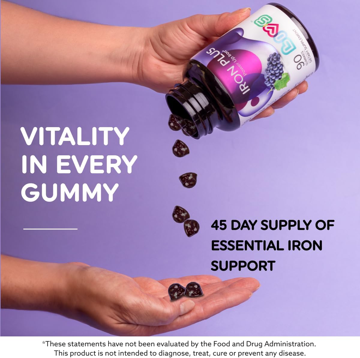 Iron Plus Gummy Vitamins with Vitamin C - All-Natural, Gluten-Free, Non-GMO, Vegan | Made in USA | Grape Flavor, 90 Count