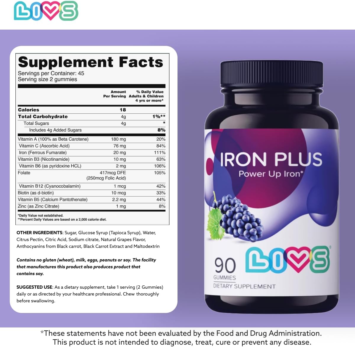 Iron Plus Gummy Vitamins with Vitamin C - All-Natural, Gluten-Free, Non-GMO, Vegan | Made in USA | Grape Flavor, 90 Count