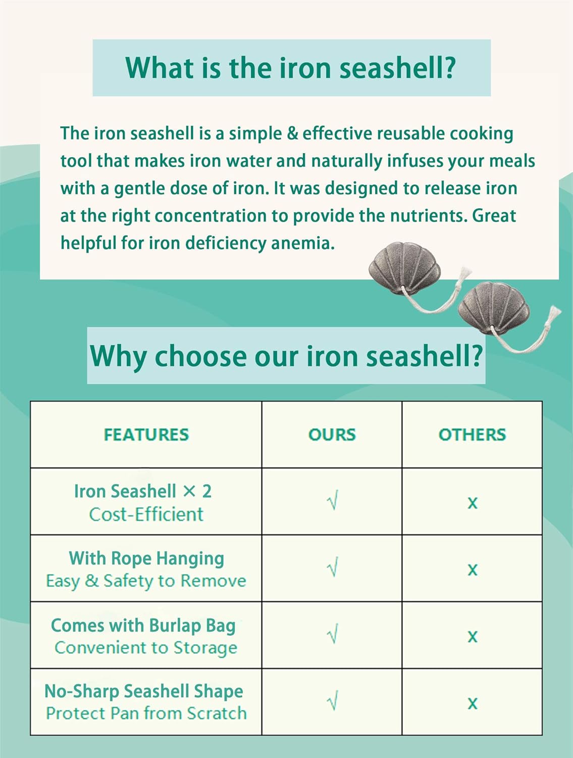 Iron Seashell 2-Pack with Bag - Natural Iron Source for Deficiency Risk Reduction, Safe Cooking Tool for Pregnant Women, Vegans, Athletes