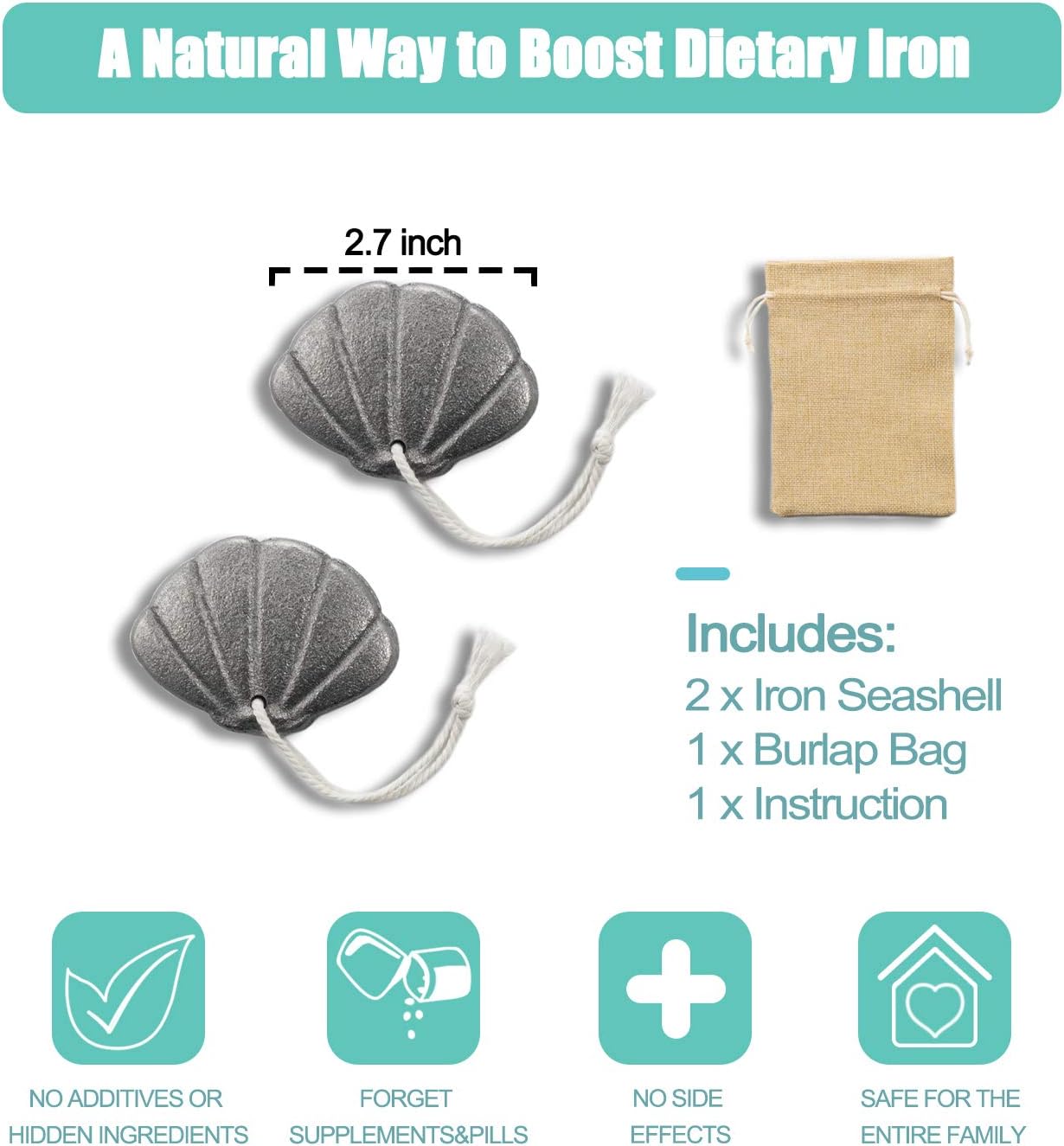 Iron Seashell 2-Pack with Bag - Natural Iron Source for Deficiency Risk Reduction, Safe Cooking Tool for Pregnant Women, Vegans, Athletes