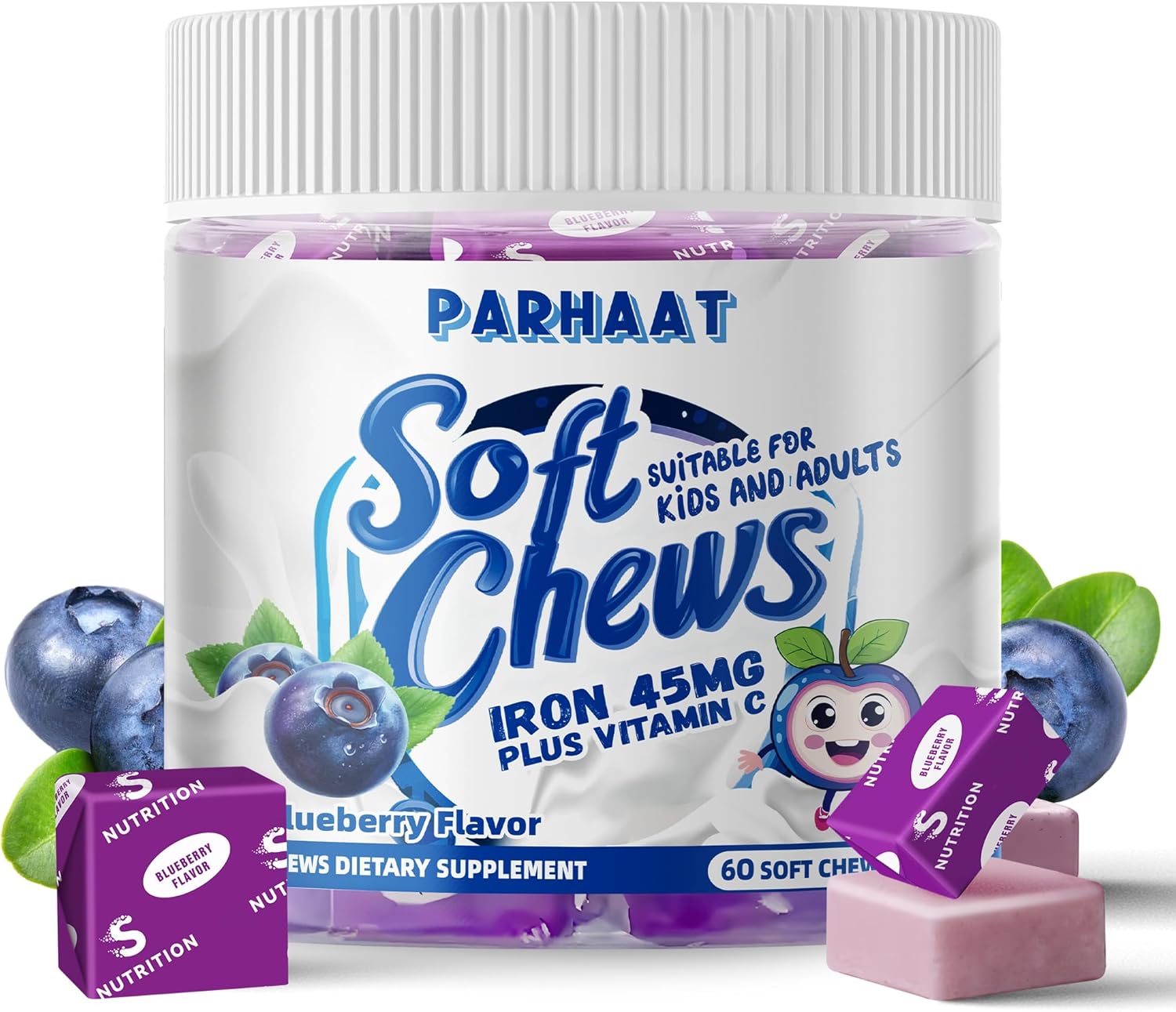 Iron Soft Chew Supplement with Vitamin C - Blueberry Flavored - Gluten Free - 60 Count - 2 Month Supply for Women, Men, and Kids