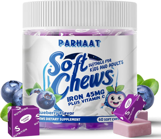 Iron Soft Chew Supplement with Vitamin C - Blueberry Flavored - Gluten Free - 60 Count - 2 Month Supply for Women, Men, and Kids