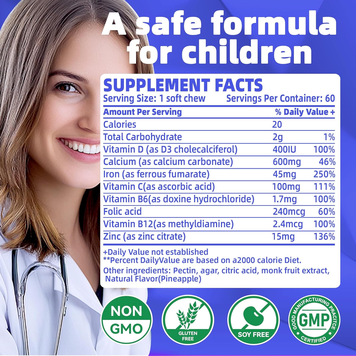 Iron Soft Chew Supplement with Vitamin C - Blueberry Flavored - Gluten Free - 60 Count - 2 Month Supply for Women, Men, and Kids
