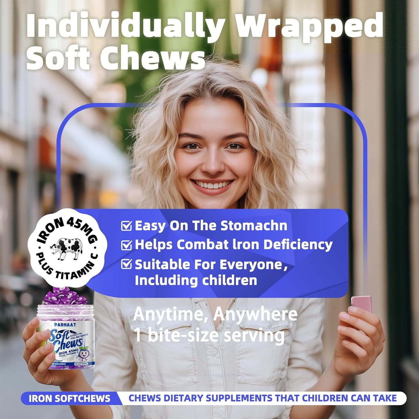 Iron Soft Chew Supplement with Vitamin C - Blueberry Flavored - Gluten Free - 60 Count - 2 Month Supply for Women, Men, and Kids