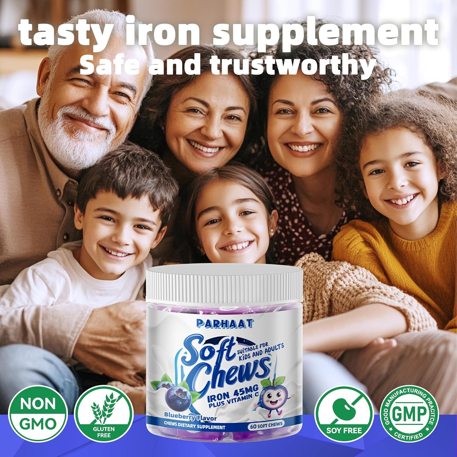 Iron Soft Chew Supplement with Vitamin C - Blueberry Flavored - Gluten Free - 60 Count - 2 Month Supply for Women, Men, and Kids