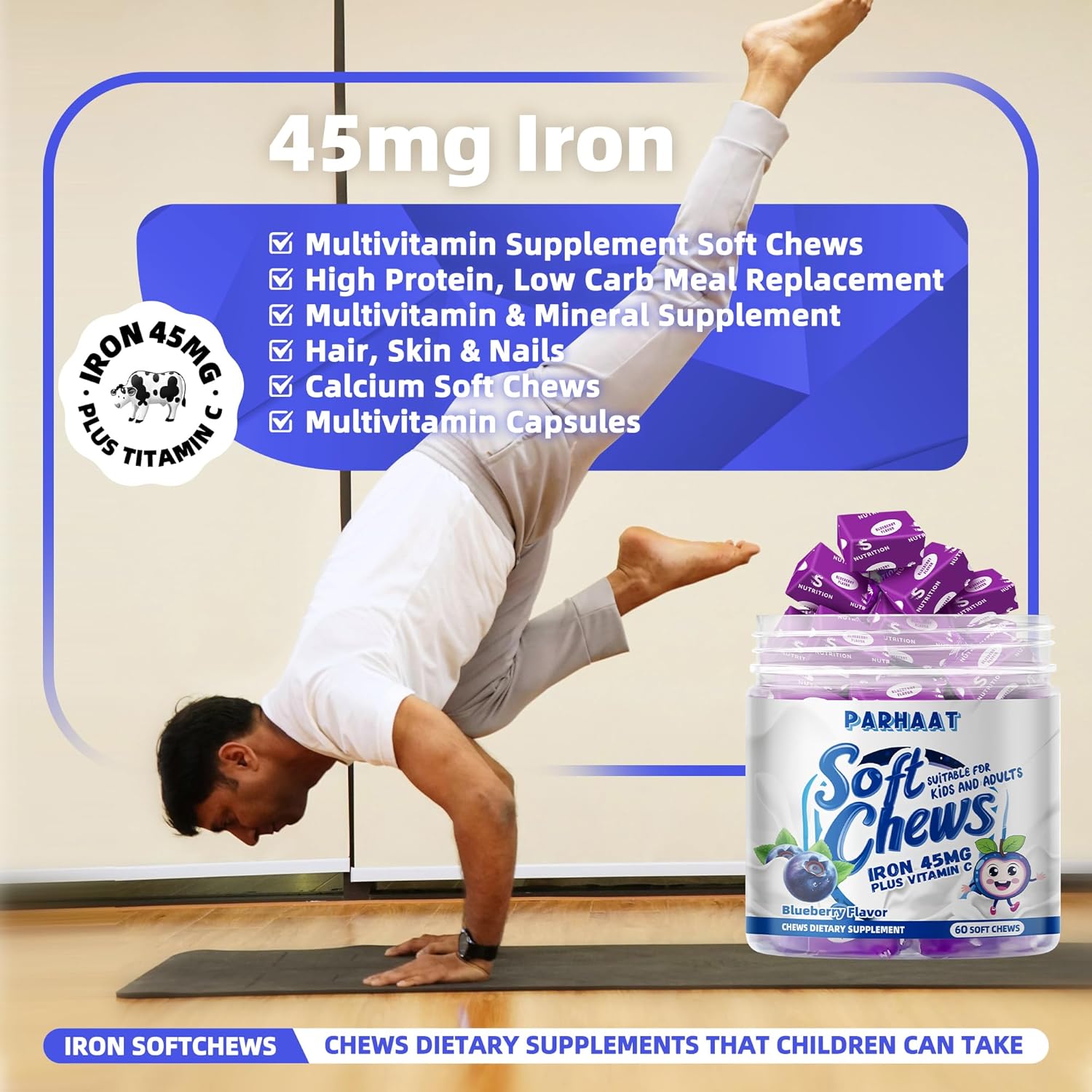 Iron Soft Chew Supplement with Vitamin C - Blueberry Flavored - Gluten Free - 60 Count - 2 Month Supply for Women, Men, and Kids