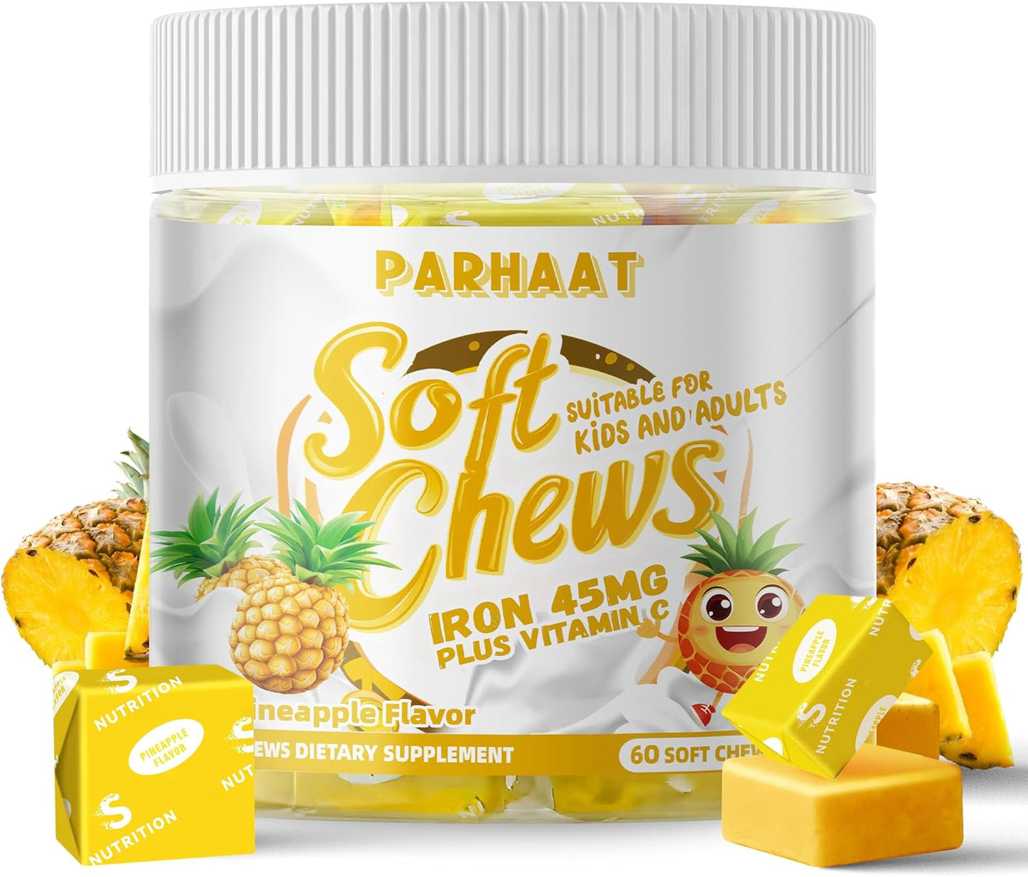 Iron Soft Chew Supplement with Vitamin C - Pineapple Flavored | Gluten Free Iron Supplement for Women, Men, and Kids | 60 Count, 2 Month Supply | Top Quality
