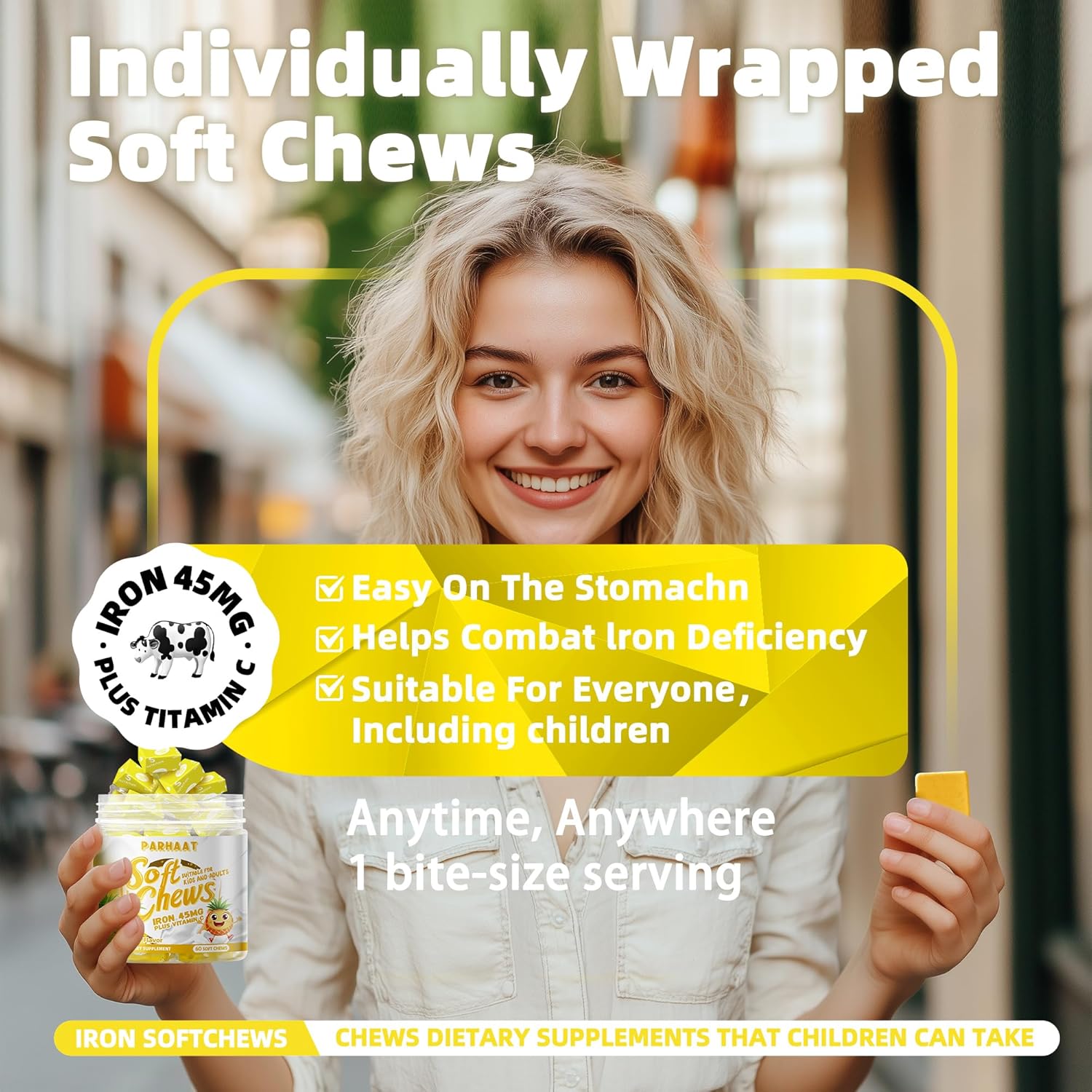 Iron Soft Chew Supplement with Vitamin C - Pineapple Flavored | Gluten Free Iron Supplement for Women, Men, and Kids | 60 Count, 2 Month Supply | Top Quality