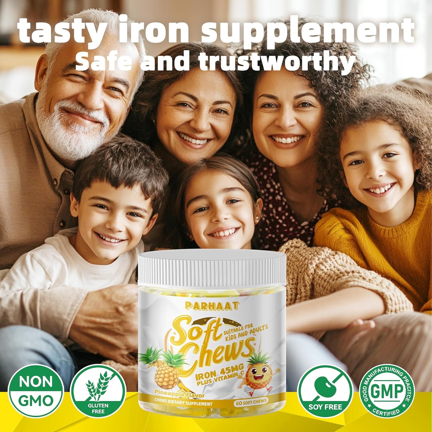Iron Soft Chew Supplement with Vitamin C - Pineapple Flavored | Gluten Free Iron Supplement for Women, Men, and Kids | 60 Count, 2 Month Supply | Top Quality