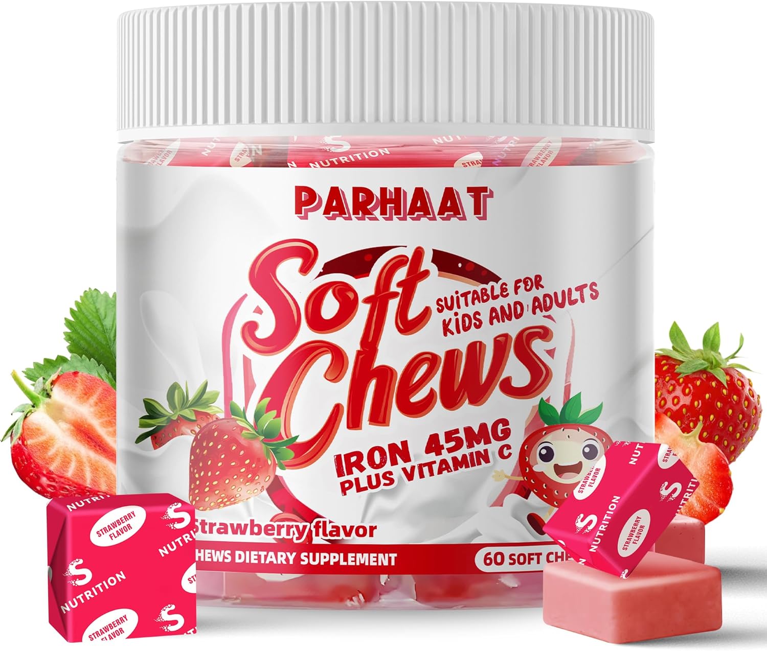 Iron Soft Chew Supplement with Vitamin C - Strawberry Flavored - Gluten Free - 60 Count - 2 Month Supply for Women, Men, and Kids