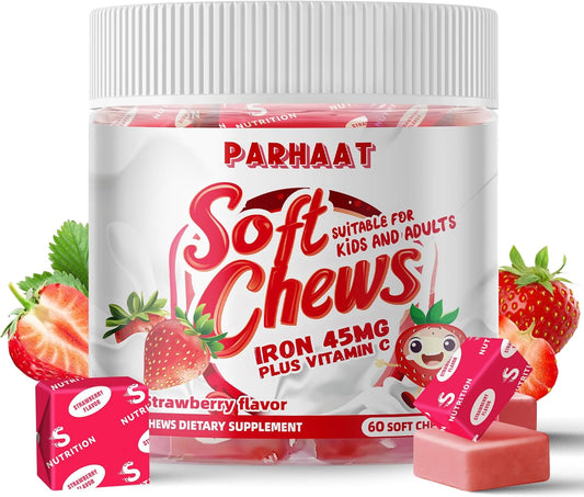 Iron Soft Chew Supplement with Vitamin C - Strawberry Flavored - Gluten Free - 60 Count - 2 Month Supply for Women, Men, and Kids