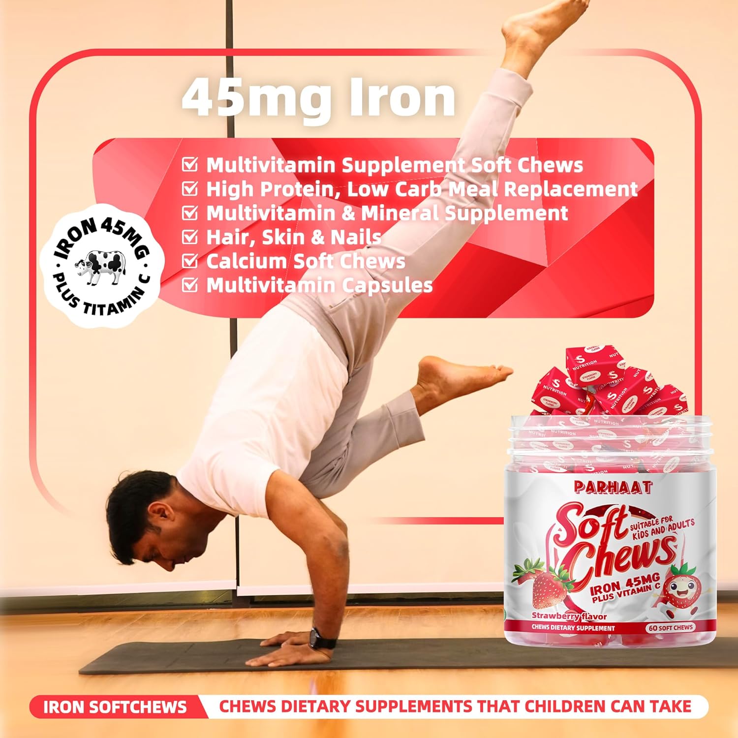 Iron Soft Chew Supplement with Vitamin C - Strawberry Flavored - Gluten Free - 60 Count - 2 Month Supply for Women, Men, and Kids