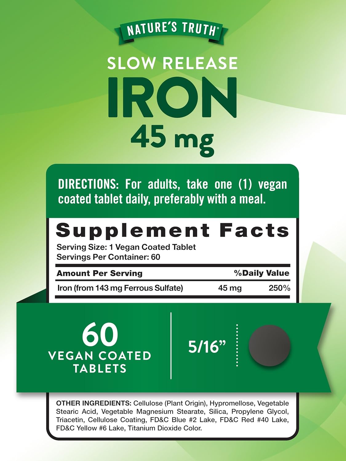 Iron Supplement 45 mg - 60 Count Ferrous Sulfate Capsules - Non-GMO & Gluten Free - Vitamin for Men and Women by Nature's Truth