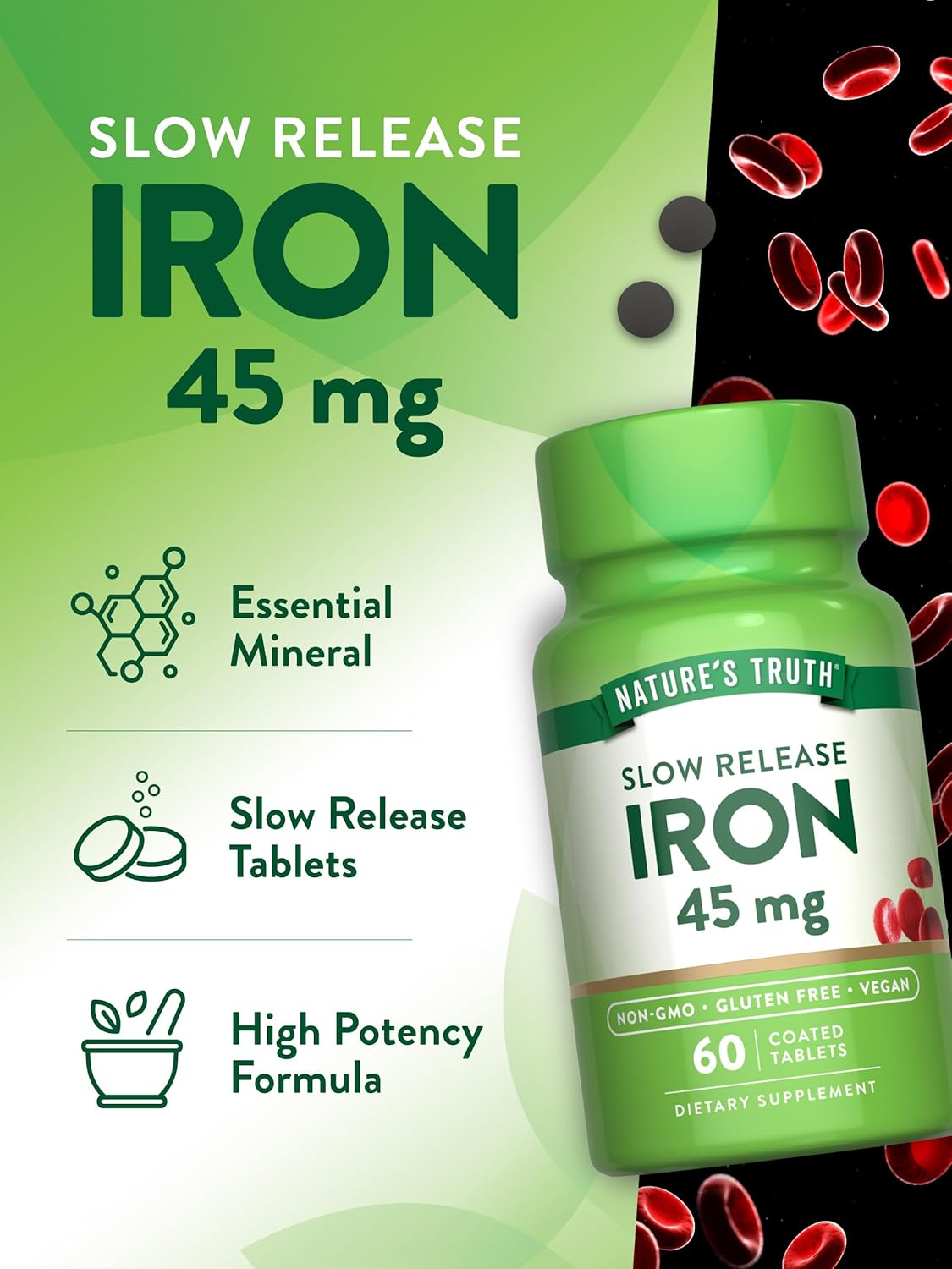 Iron Supplement 45 mg - 60 Count Ferrous Sulfate Capsules - Non-GMO & Gluten Free - Vitamin for Men and Women by Nature's Truth
