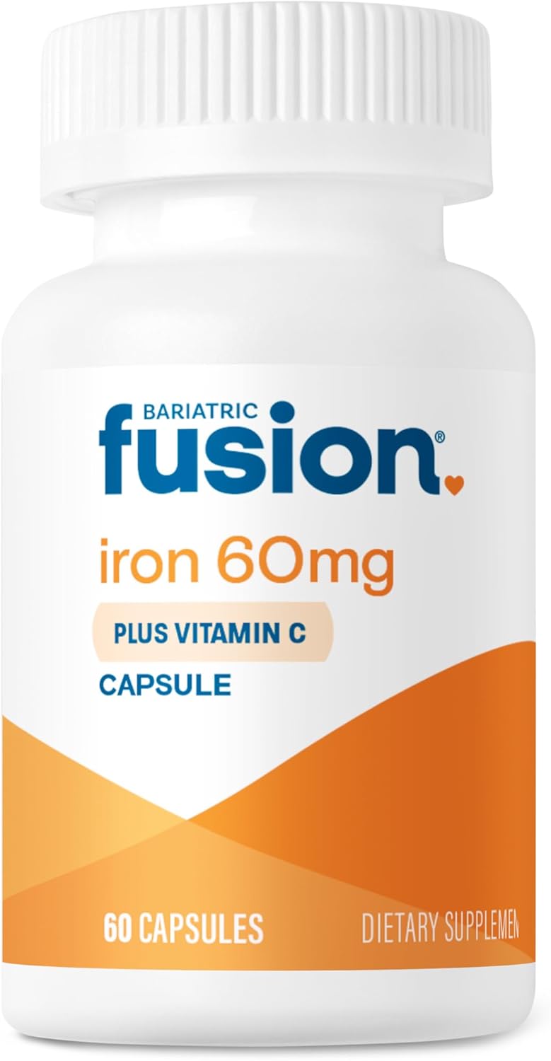 Iron Supplement 60mg with Vitamin C for Bariatric Patients | Easy-to-Swallow Capsules for Men and Women | Non-GMO, Gluten, Dairy, and Soy Free | 60 Count