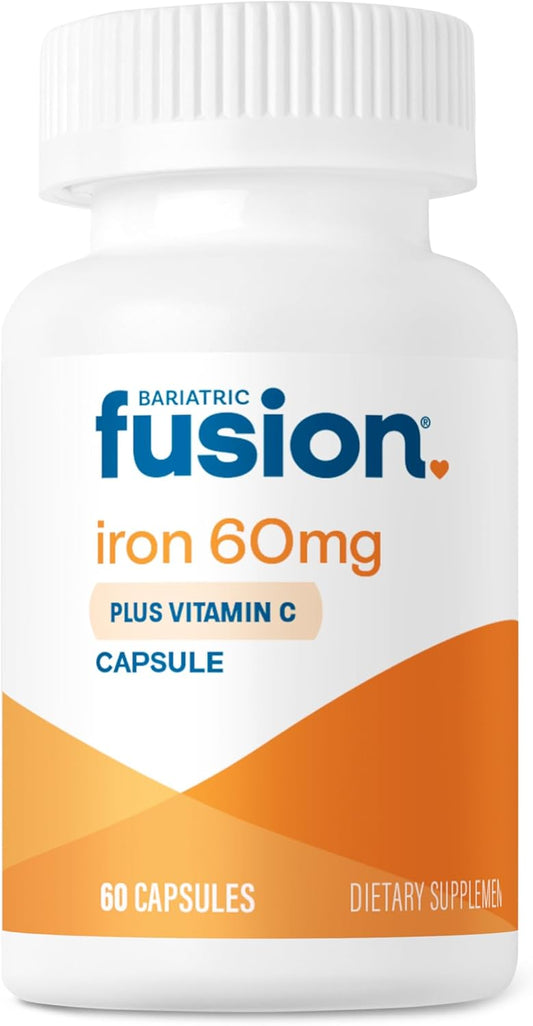 Iron Supplement 60mg with Vitamin C for Bariatric Patients | Easy-to-Swallow Capsules for Men and Women | Non-GMO, Gluten, Dairy, and Soy Free | 60 Count