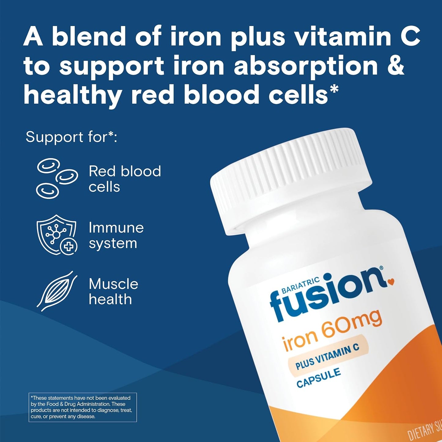 Iron Supplement 60mg with Vitamin C for Bariatric Patients | Easy-to-Swallow Capsules for Men and Women | Non-GMO, Gluten, Dairy, and Soy Free | 60 Count