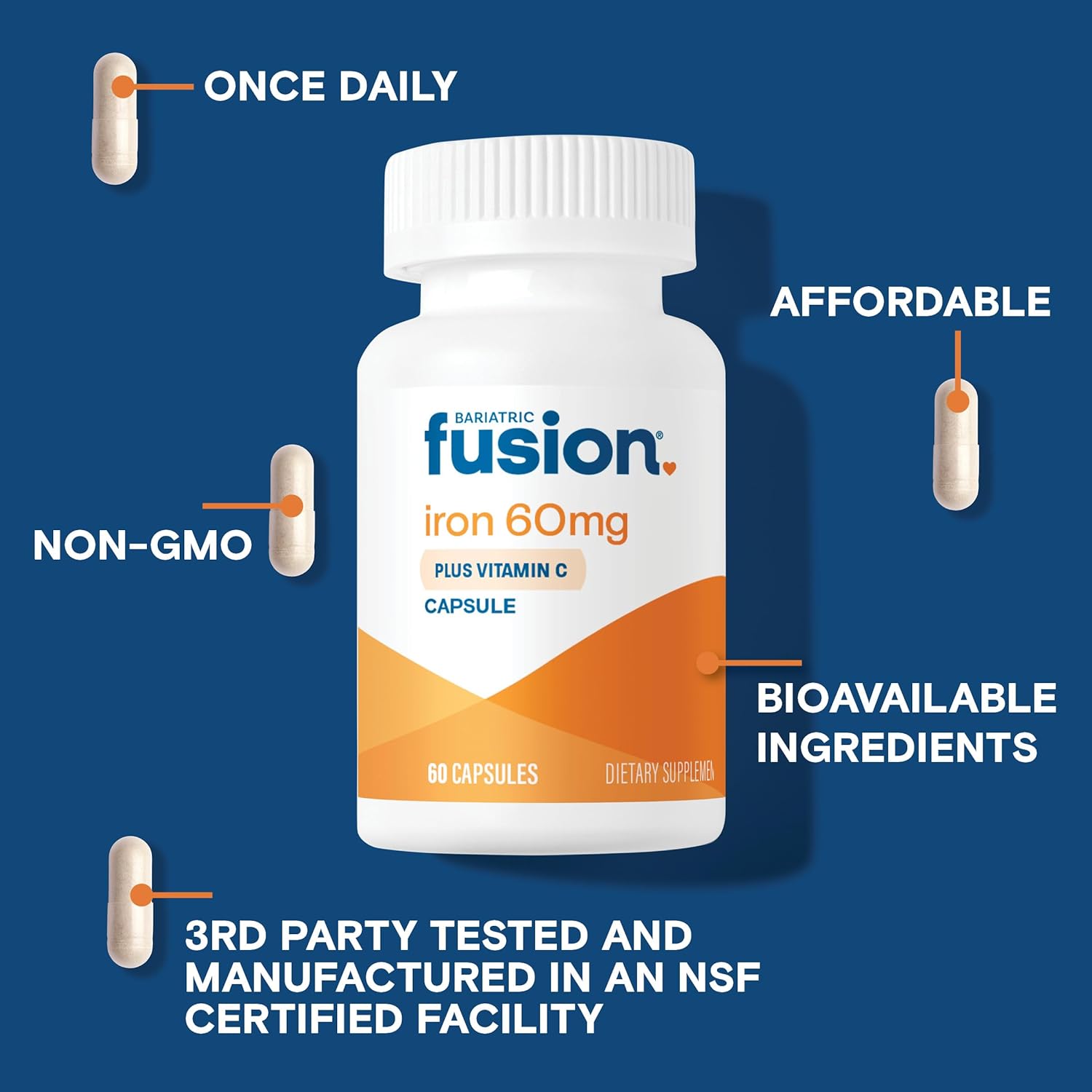 Iron Supplement 60mg with Vitamin C for Bariatric Patients | Easy-to-Swallow Capsules for Men and Women | Non-GMO, Gluten, Dairy, and Soy Free | 60 Count