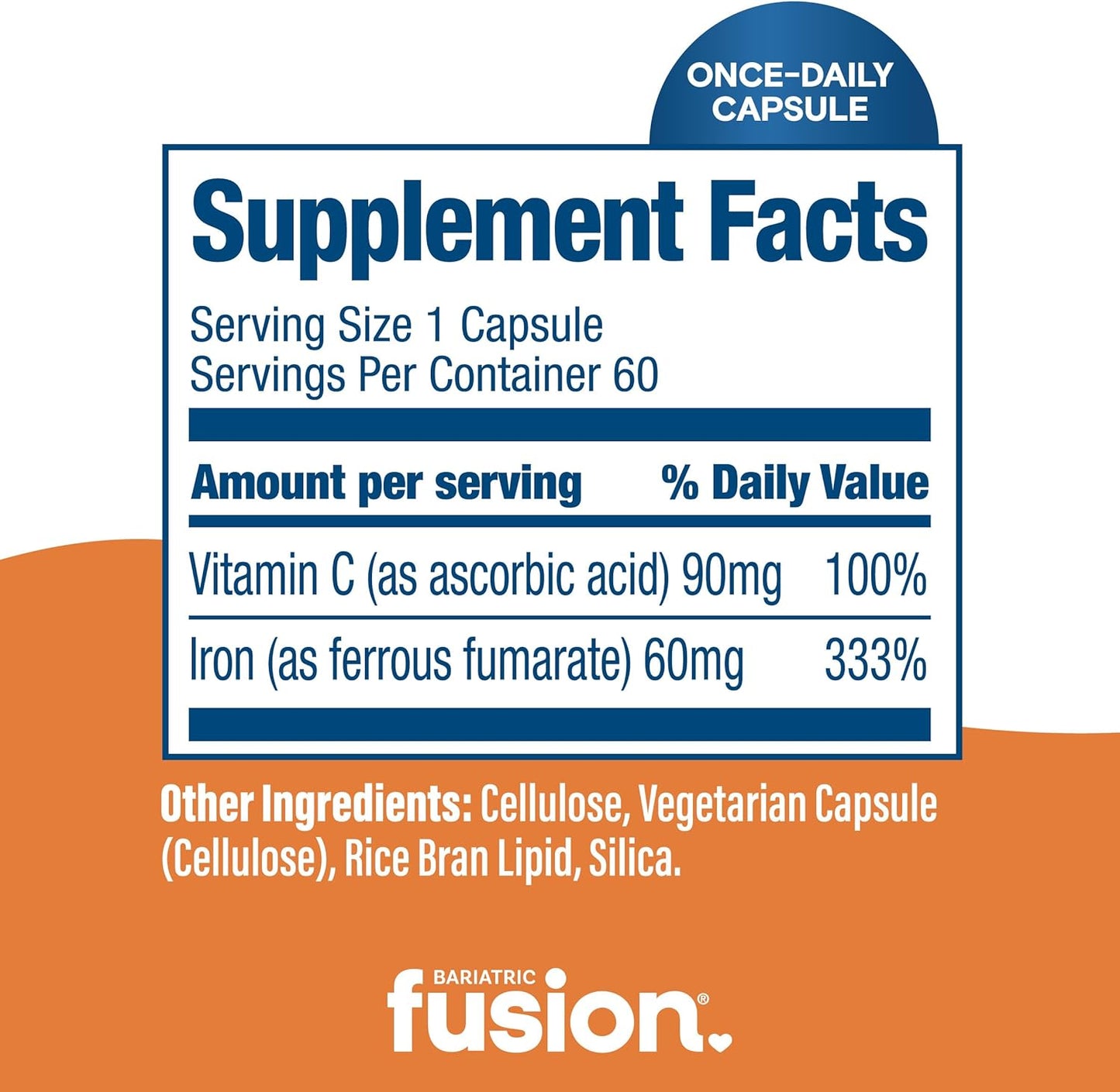 Iron Supplement 60mg with Vitamin C for Bariatric Patients | Easy-to-Swallow Capsules for Men and Women | Non-GMO, Gluten, Dairy, and Soy Free | 60 Count