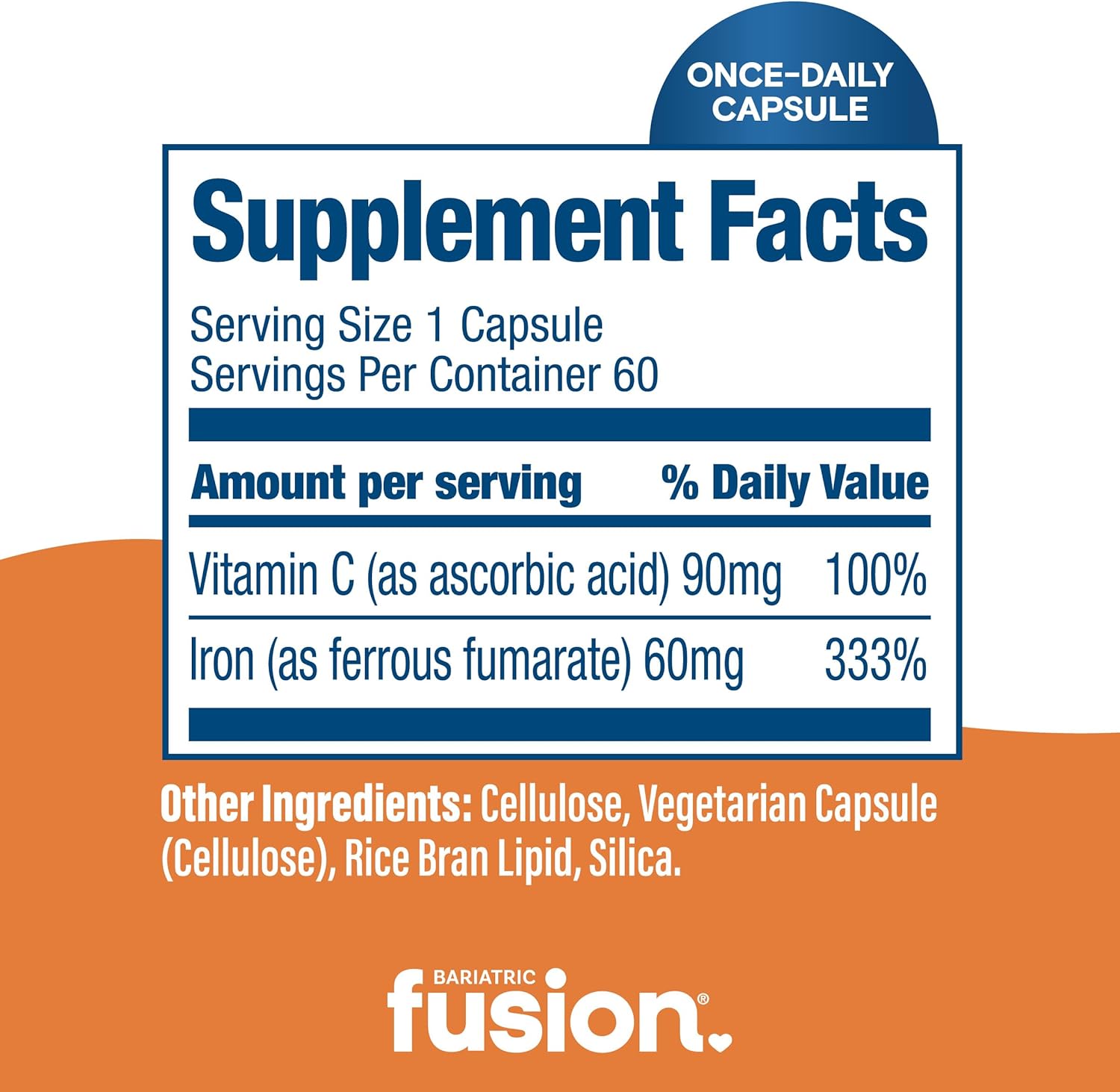 Iron Supplement 60mg with Vitamin C for Bariatric Patients | Easy-to-Swallow Capsules for Men and Women | Non-GMO, Gluten, Dairy, and Soy Free | 60 Count