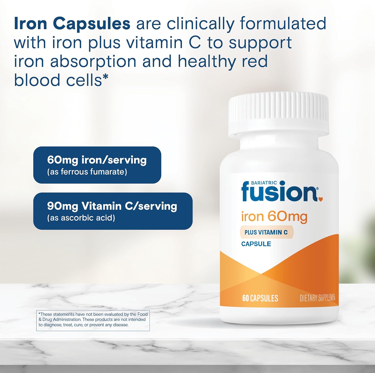 Iron Supplement 60mg with Vitamin C for Bariatric Patients | Easy-to-Swallow Capsules for Men and Women | Non-GMO, Gluten, Dairy, and Soy Free | 60 Count