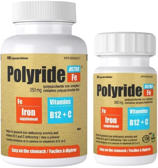 Iron Supplement Complex with Vitamin C & B12 for Energy Support - 30 Capsules - Treat Iron Deficiency Anemia - 350mg Polysaccharide Iron - POLYRIDE FE Ultra