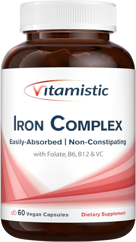 Iron Supplement for Women - 36mg Elemental Iron, Non-GMO, Non-Constipating, Ferrous Bisglycinate, with B & C Vitamins - Blood-Building & Energy Support - 60 Vegan Capsules