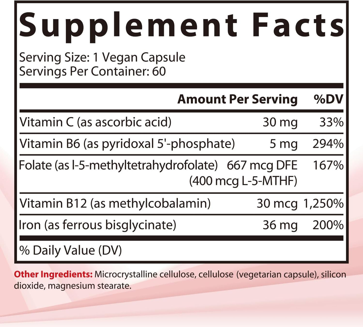 Iron Supplement for Women - 36mg Elemental Iron, Non-GMO, Non-Constipating, Ferrous Bisglycinate, with B & C Vitamins - Blood-Building & Energy Support - 60 Vegan Capsules