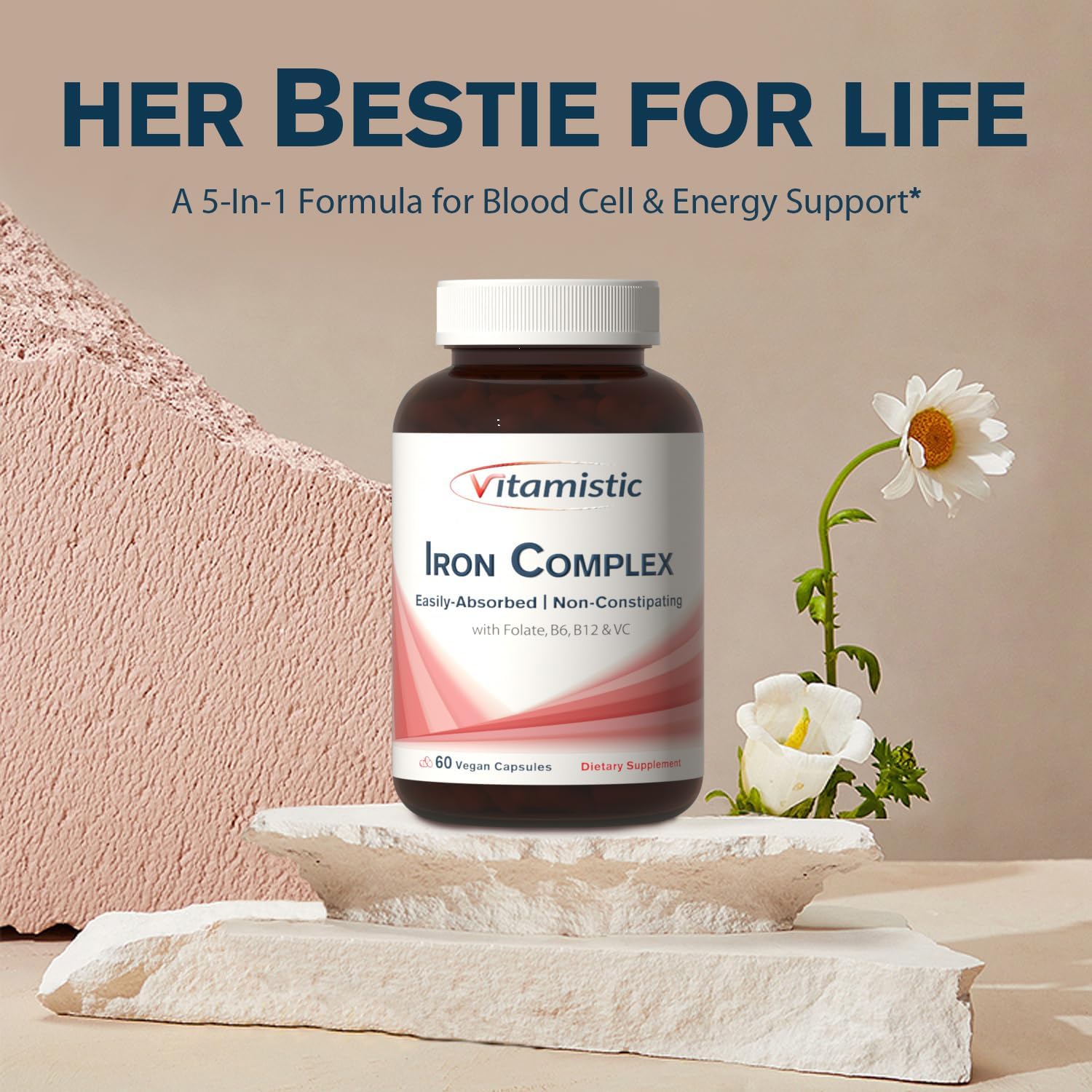 Iron Supplement for Women - 36mg Elemental Iron, Non-GMO, Non-Constipating, Ferrous Bisglycinate, with B & C Vitamins - Blood-Building & Energy Support - 60 Vegan Capsules