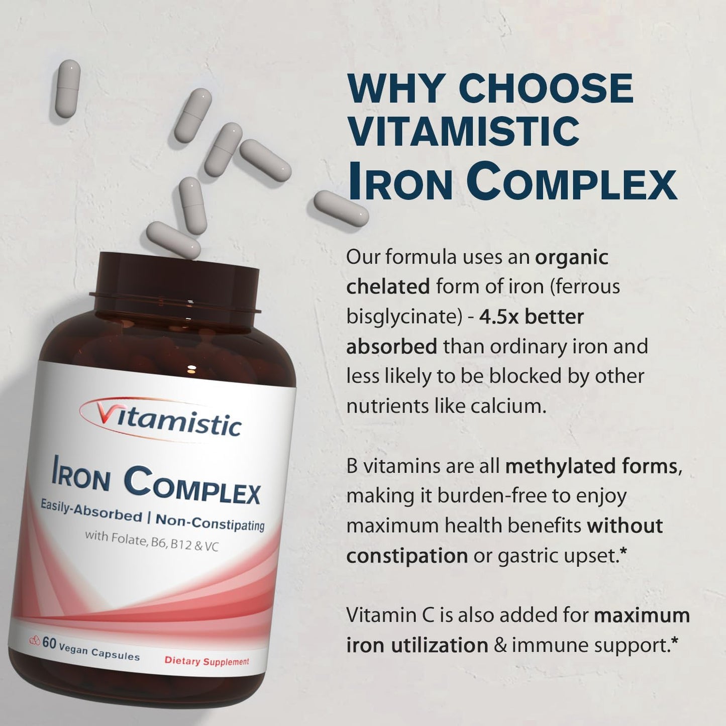 Iron Supplement for Women - 36mg Elemental Iron, Non-GMO, Non-Constipating, Ferrous Bisglycinate, with B & C Vitamins - Blood-Building & Energy Support - 60 Vegan Capsules