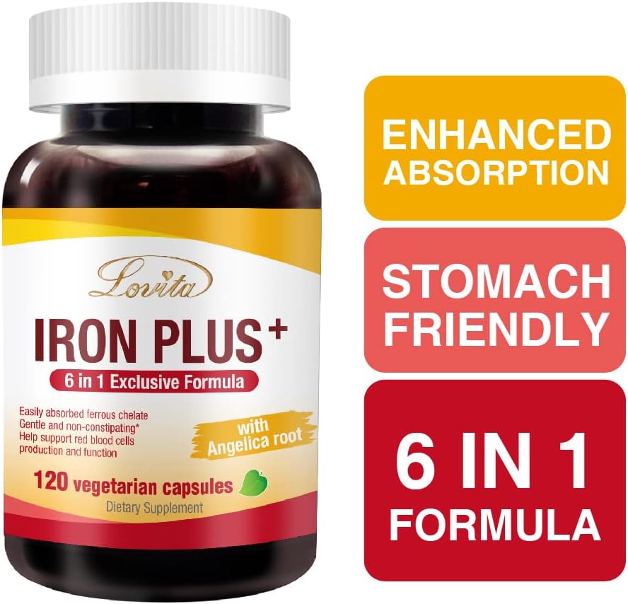 Iron Supplement for Women - Lovita Iron 18mg with Vitamin C, Dong Quai & B12 - Vegan Formula for Red Blood Cell Production - 120 Capsules