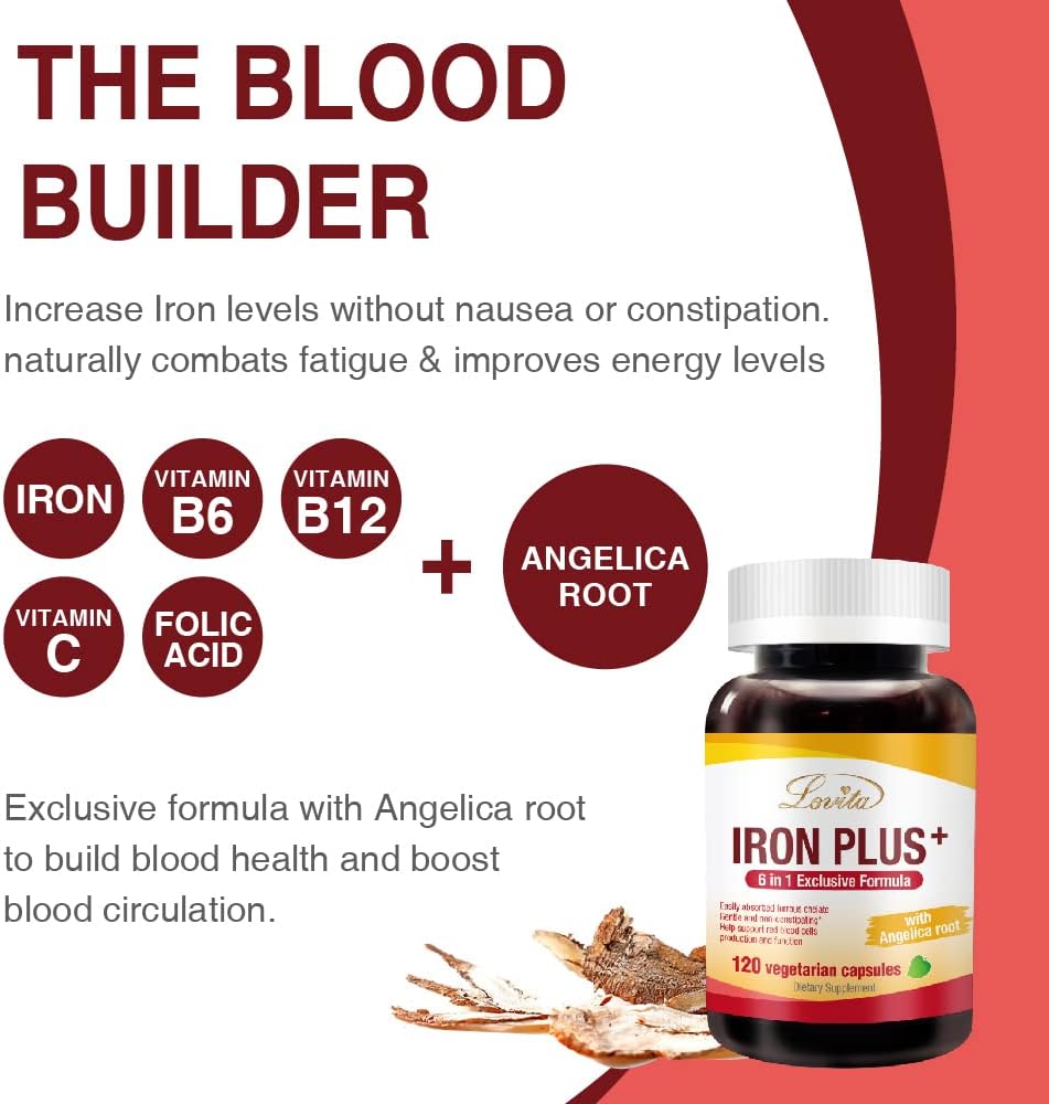 Iron Supplement for Women - Lovita Iron 18mg with Vitamin C, Dong Quai & B12 - Vegan Formula for Red Blood Cell Production - 120 Capsules