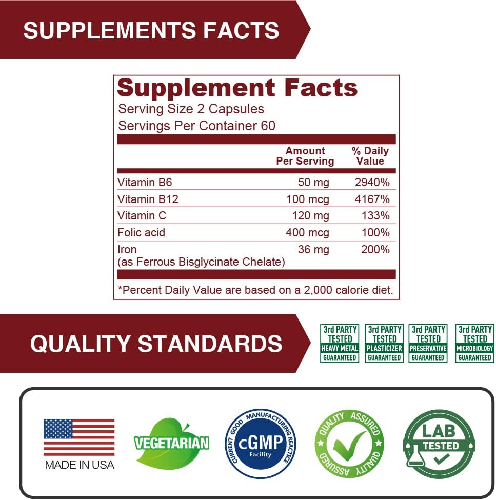 Iron Supplement for Women - Lovita Iron 18mg with Vitamin C, Dong Quai & B12 - Vegan Formula for Red Blood Cell Production - 120 Capsules