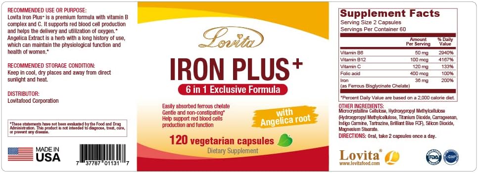 Iron Supplement for Women - Lovita Iron 18mg with Vitamin C, Dong Quai & B12 - Vegan Formula for Red Blood Cell Production - 120 Capsules