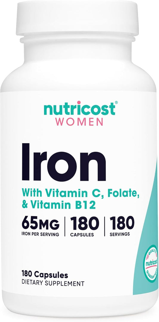 Iron Supplement for Women 65mg - 180 Capsules with Vitamin C, Folate, & B12 - Vegetarian, Non-GMO, Gluten-Free