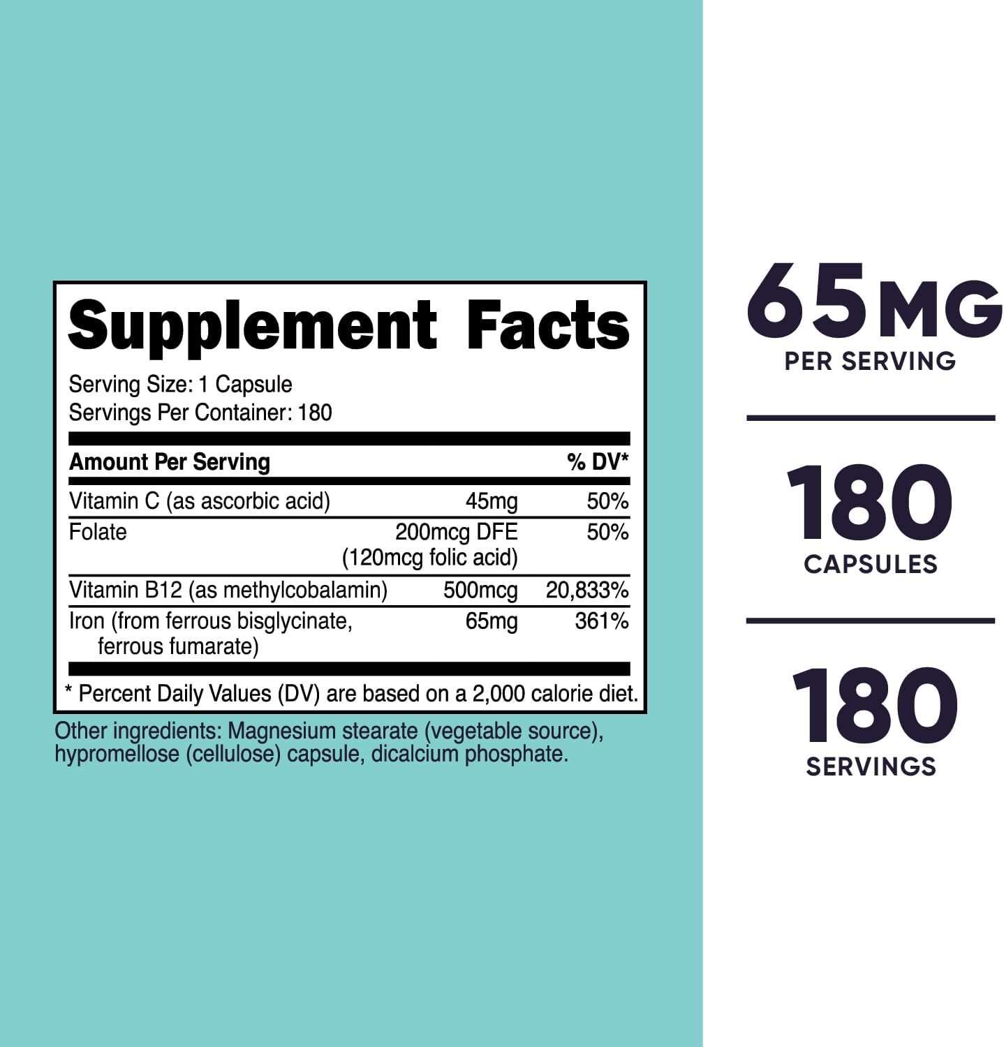 Iron Supplement for Women 65mg - 180 Capsules with Vitamin C, Folate, & B12 - Vegetarian, Non-GMO, Gluten-Free