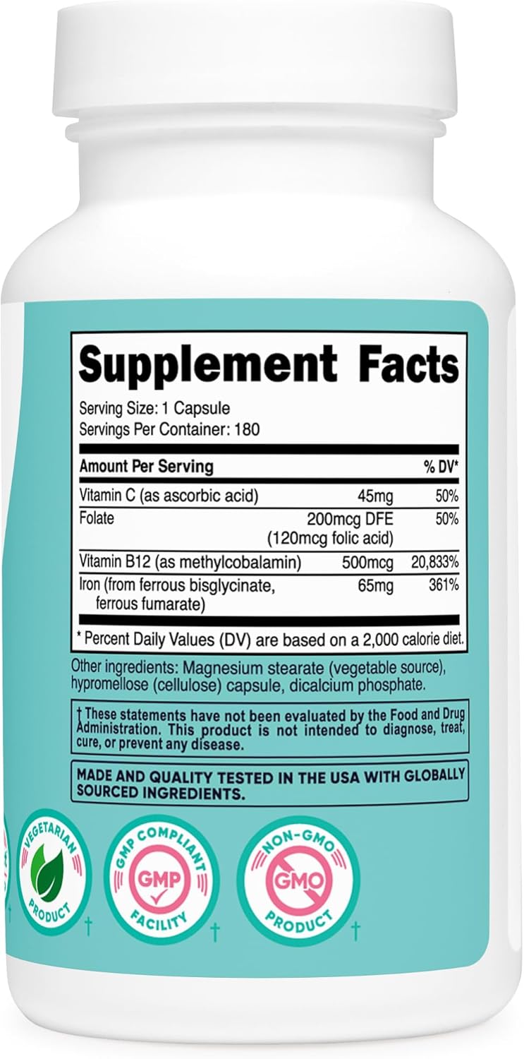 Iron Supplement for Women 65mg - 180 Capsules with Vitamin C, Folate, & B12 - Vegetarian, Non-GMO, Gluten-Free