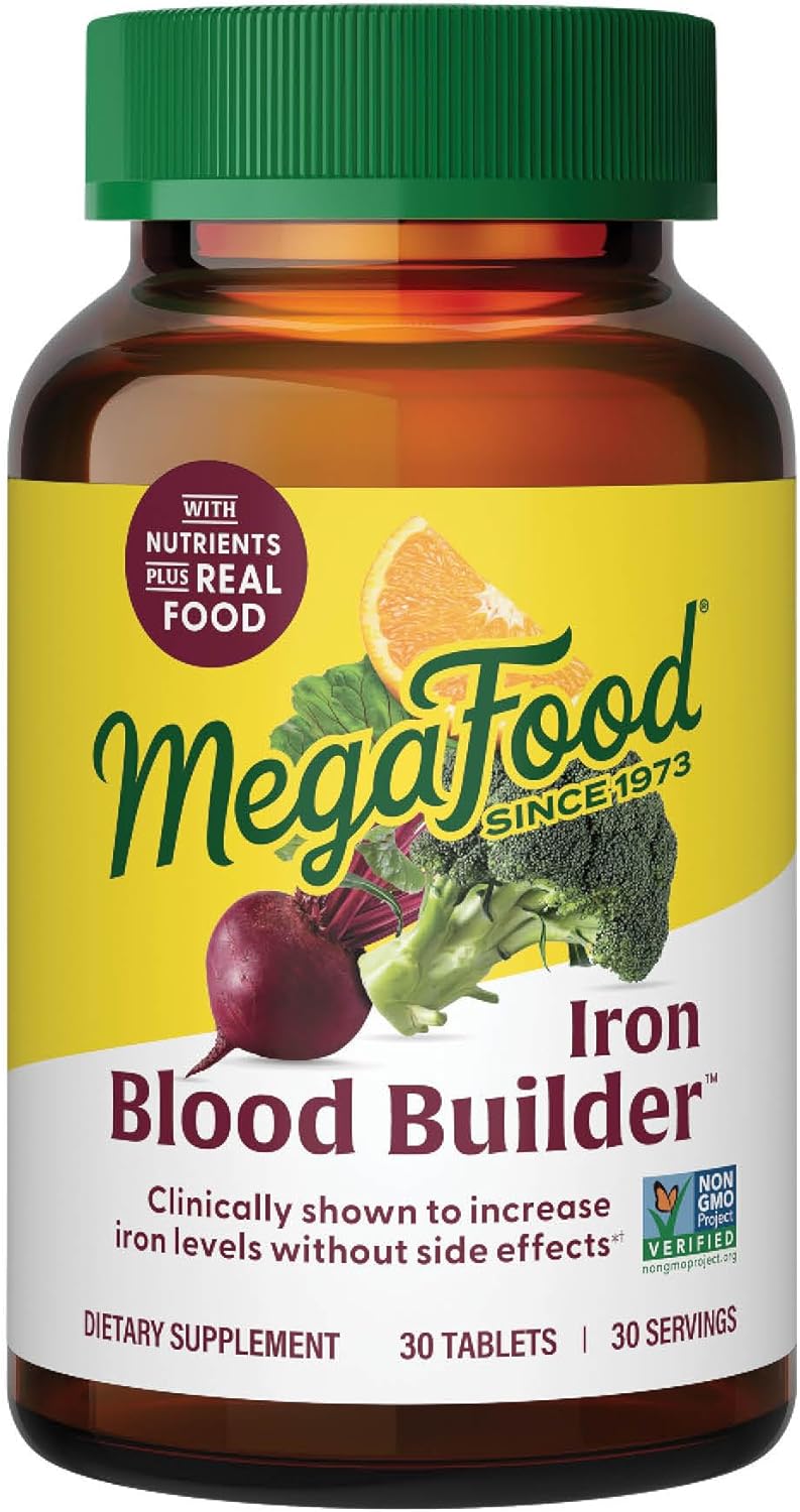 Iron Supplement for Women: MegaFood Blood Builder with Vitamin C, B12, Folic Acid - Vegan Formula to Boost Iron Levels Naturally - 30 Tablets