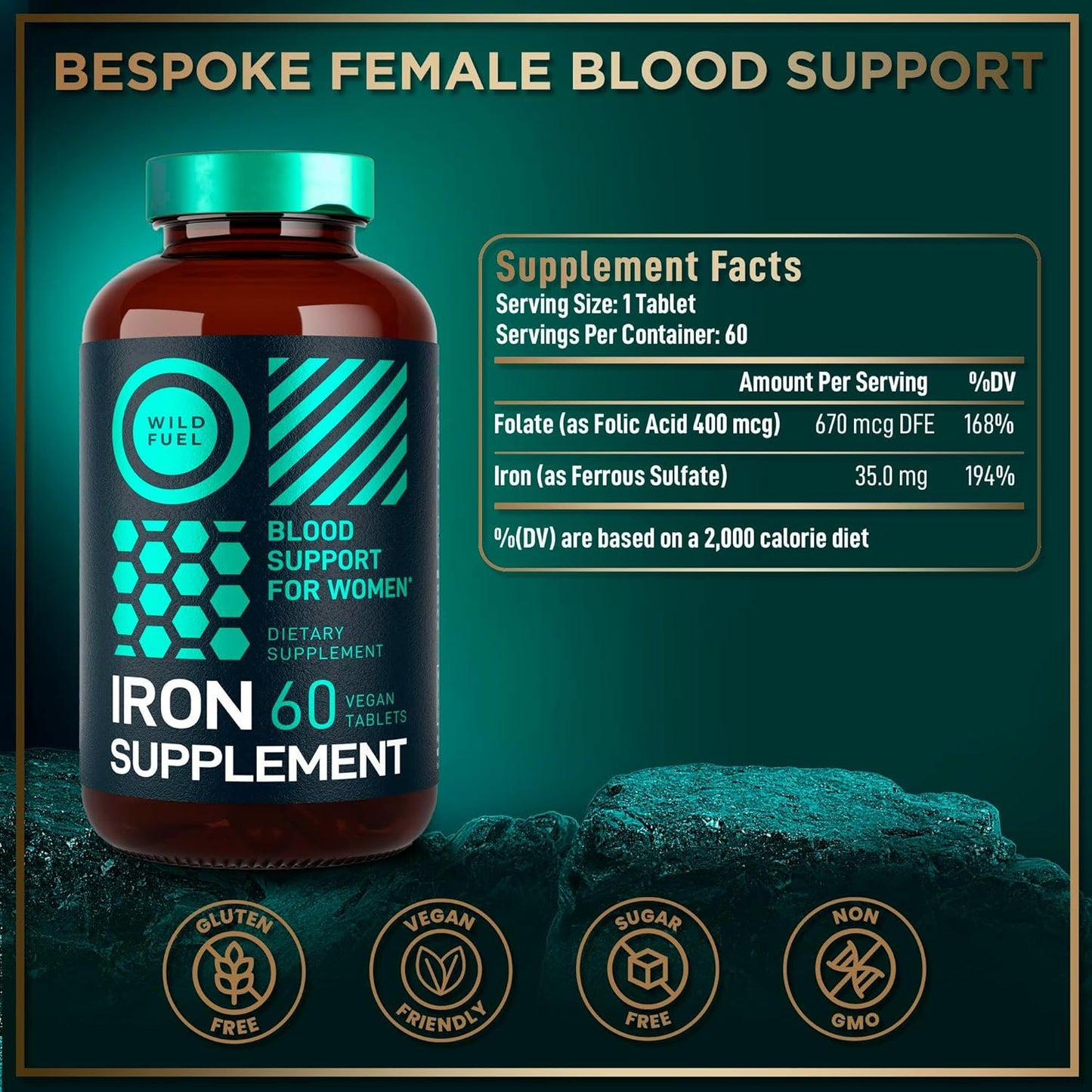 Iron Supplement for Women with Folic Acid - High Iron Vitamins for Anemia and Pregnancy - Gluten-Free Vegan Iron Pills - 60 Tablets
