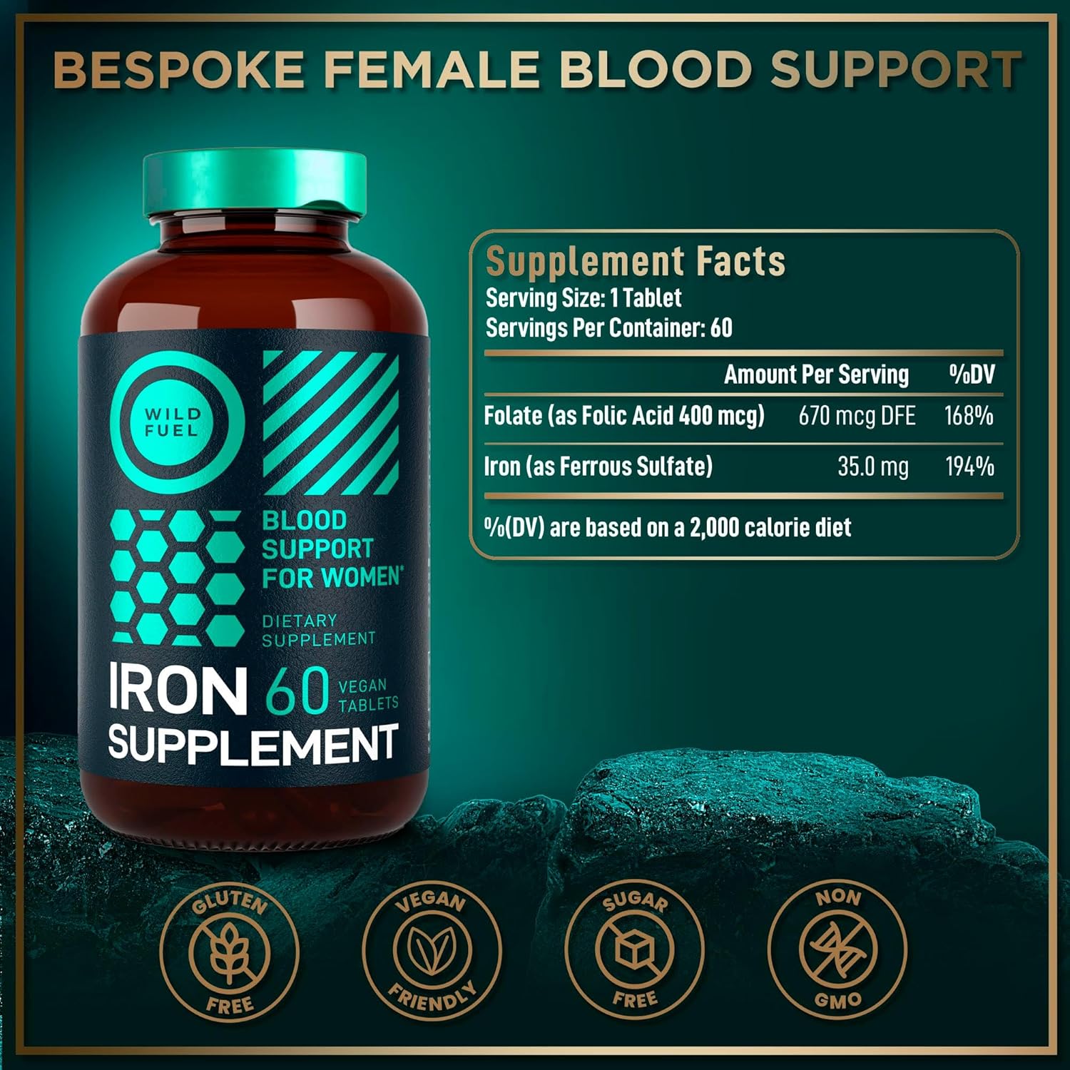 Iron Supplement for Women with Folic Acid - High Iron Vitamins for Anemia and Pregnancy - Gluten-Free Vegan Iron Pills - 60 Tablets