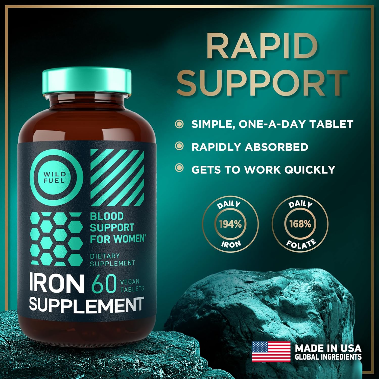 Iron Supplement for Women with Folic Acid - High Iron Vitamins for Anemia and Pregnancy - Gluten-Free Vegan Iron Pills - 60 Tablets