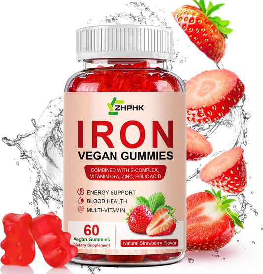 Iron Supplement Gummies with Vitamin C for Energy Support - Vegan Blood Builder Gummy for Women, Men, and Kids, 60 Count