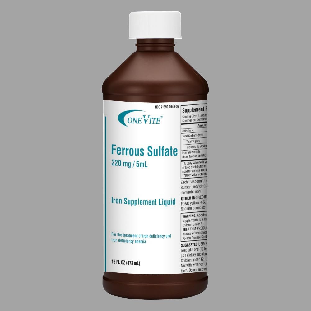 Iron Supplement Liquid - ONE VITE Ferrous Sulfate 220mg/5ml, 16 Fl Oz Bottle