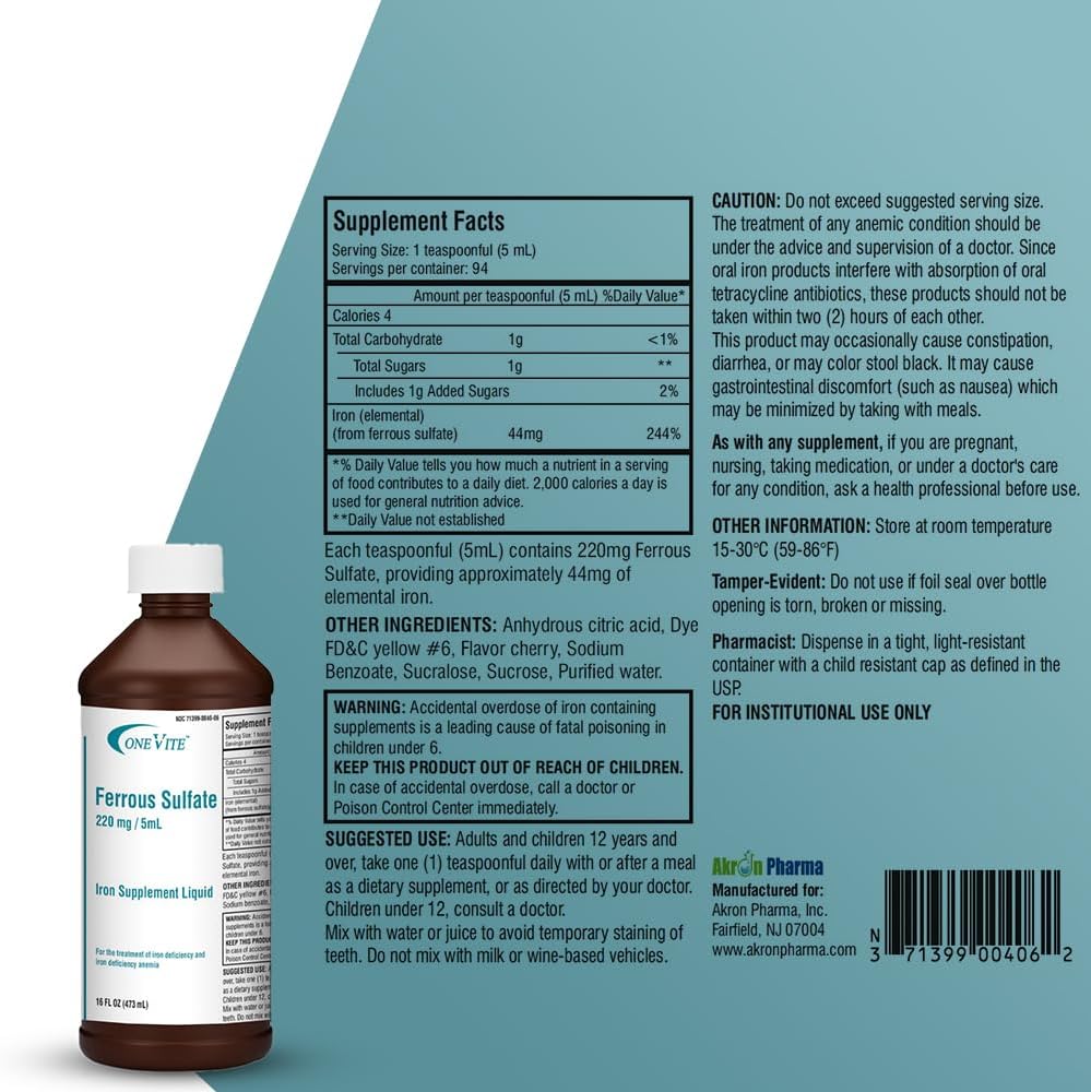 Iron Supplement Liquid - ONE VITE Ferrous Sulfate 220mg/5ml, 16 Fl Oz Bottle