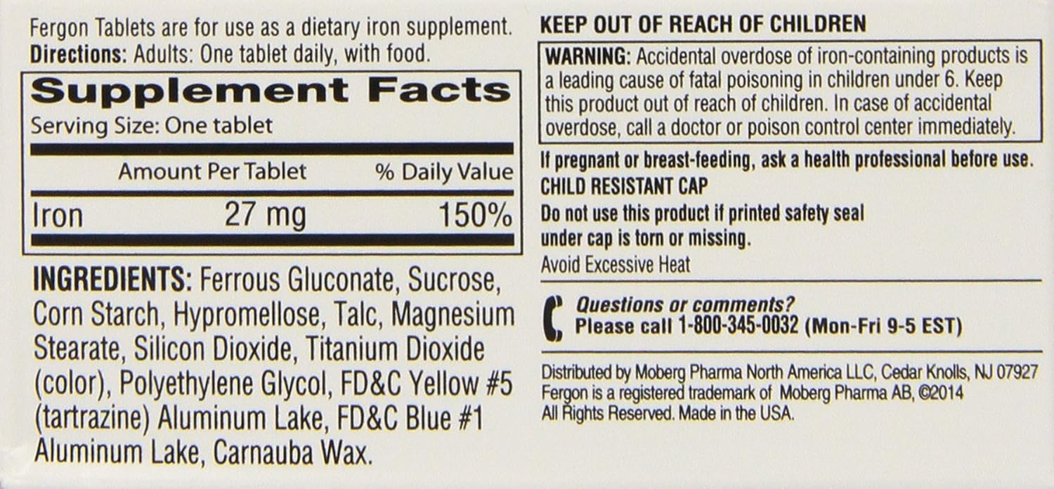 Iron Supplement Tablets - Fergon, 100 Count (Pack of 3) - Essential Mineral for Energy & Immune Support