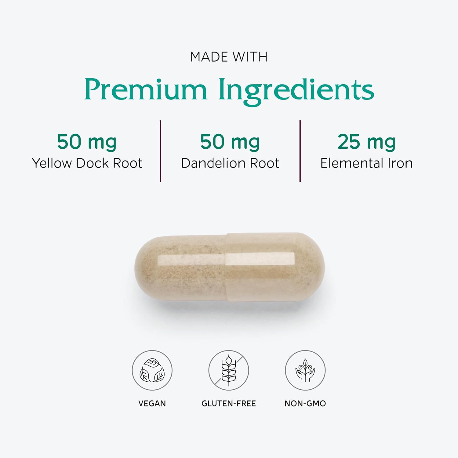 Iron Supplement with Vitamin C for Enhanced Absorption, Methylfolate, B12, Calcium, Yellow Dock, Dandelion Root & Nettle Leaf - Vegan - 60 Capsules