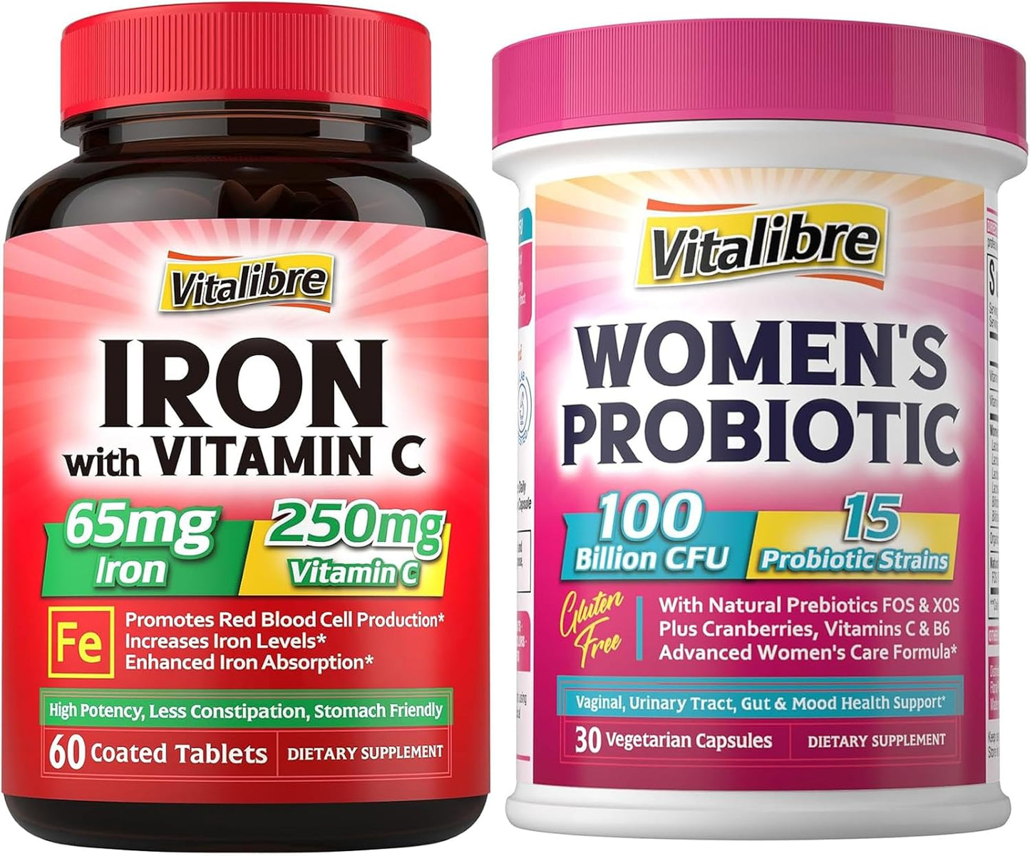 Iron Supplement with Vitamin C for Women, 65mg Carbonyl Iron, Probiotics with 100 Billion CFU, 15 Strains, Prebiotic, Cranberry, Vitamin B6