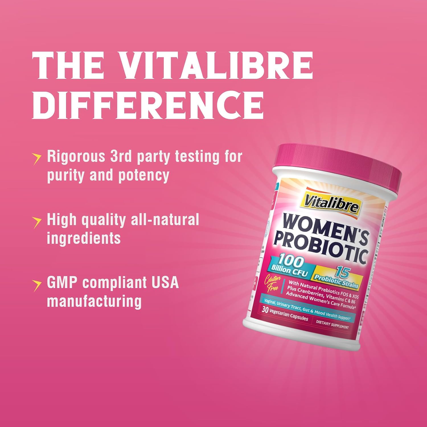 Iron Supplement with Vitamin C for Women, 65mg Carbonyl Iron, Probiotics with 100 Billion CFU, 15 Strains, Prebiotic, Cranberry, Vitamin B6