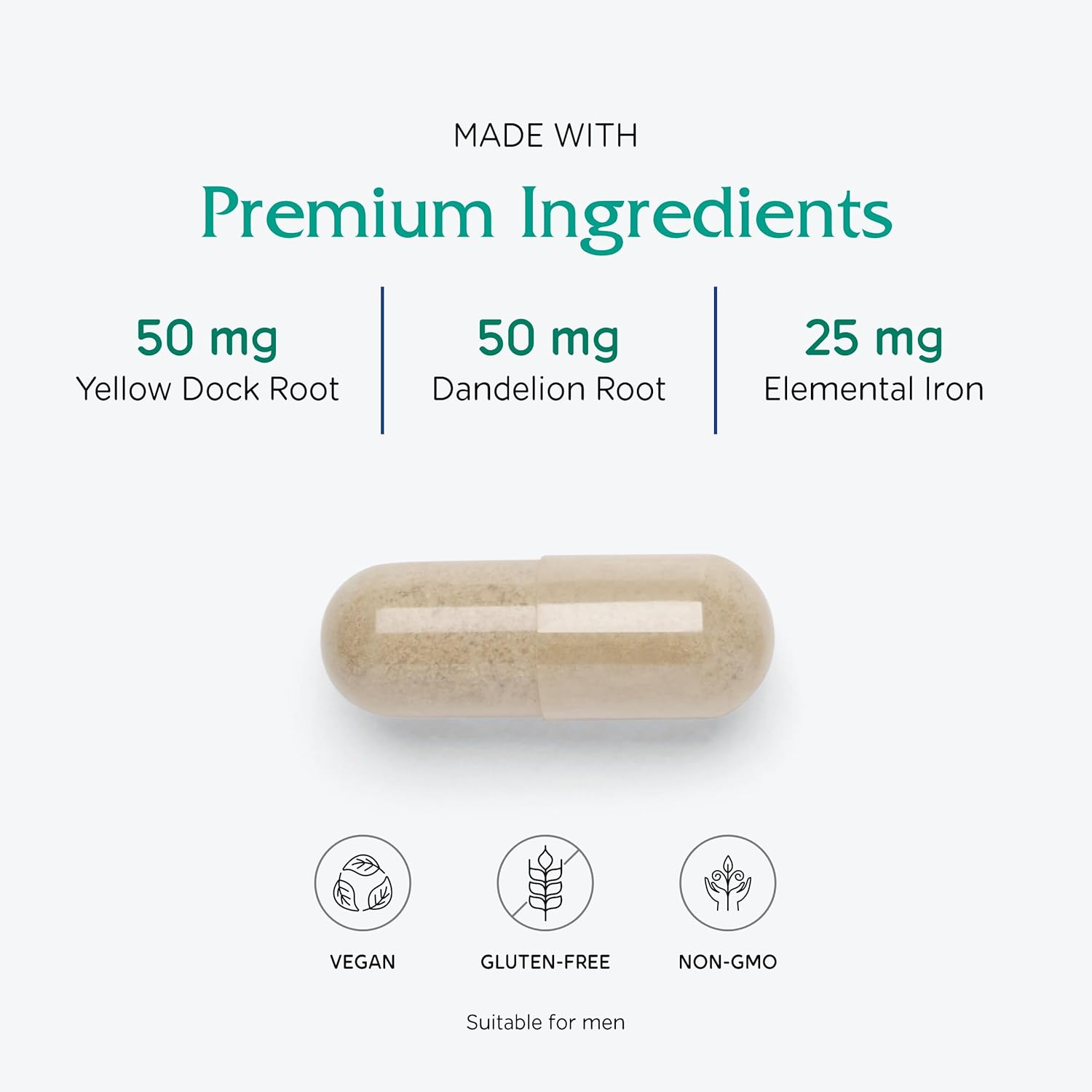 Iron Supplement with Vitamin C, Methylfolate, B12, Calcium, Yellow Dock, Dandelion & Nettle Leaf - 60 Vegan Capsules